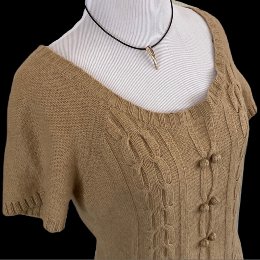 3/$19 ANN TAYLOR LOFT Short Sleeve Cable Knit Woven Sweater in Tan EUC!
